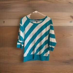 Absolutely Famous Designer T-shirt Large White Teal Stripe Vintage Dolman